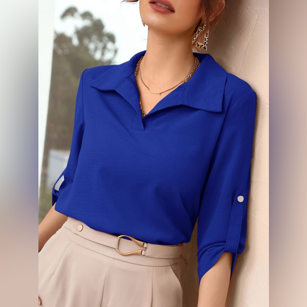 SHEIN LUNE Roll-Up Sleeve Solid Blouse